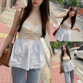 SLYQ TWISTED KNIT LACE TUBE TOP เสื้อเกาะอกผ้าไหมพรมถัก ตัดต่อลูกไม้คอตตอนปัก ชุดไปทะเล