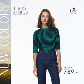 GSP เสื้อยืด เสื้อยืดผู้หญิง Lucky Stripes กับโทนสีสดใส Navy&amp;Green Color (P9XOGR)