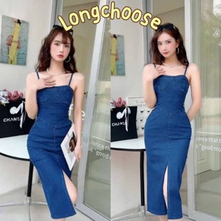 spaghetti jeans dress เดรสสายเดี่ยว เดรสยีนส์  ผ้ายีนส์ เดรสผ่าหน้ากระโปรง  เก็บเอว ทรงสลิม สายปรับได้ lucky shop