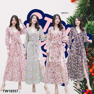 👗Pfashion [ส่งไวมาก🚛] P18557 เดรสคอวียาว งานผ้าชีฟองพริ้วๆ พิมพ์ลายดอกไม้ ..