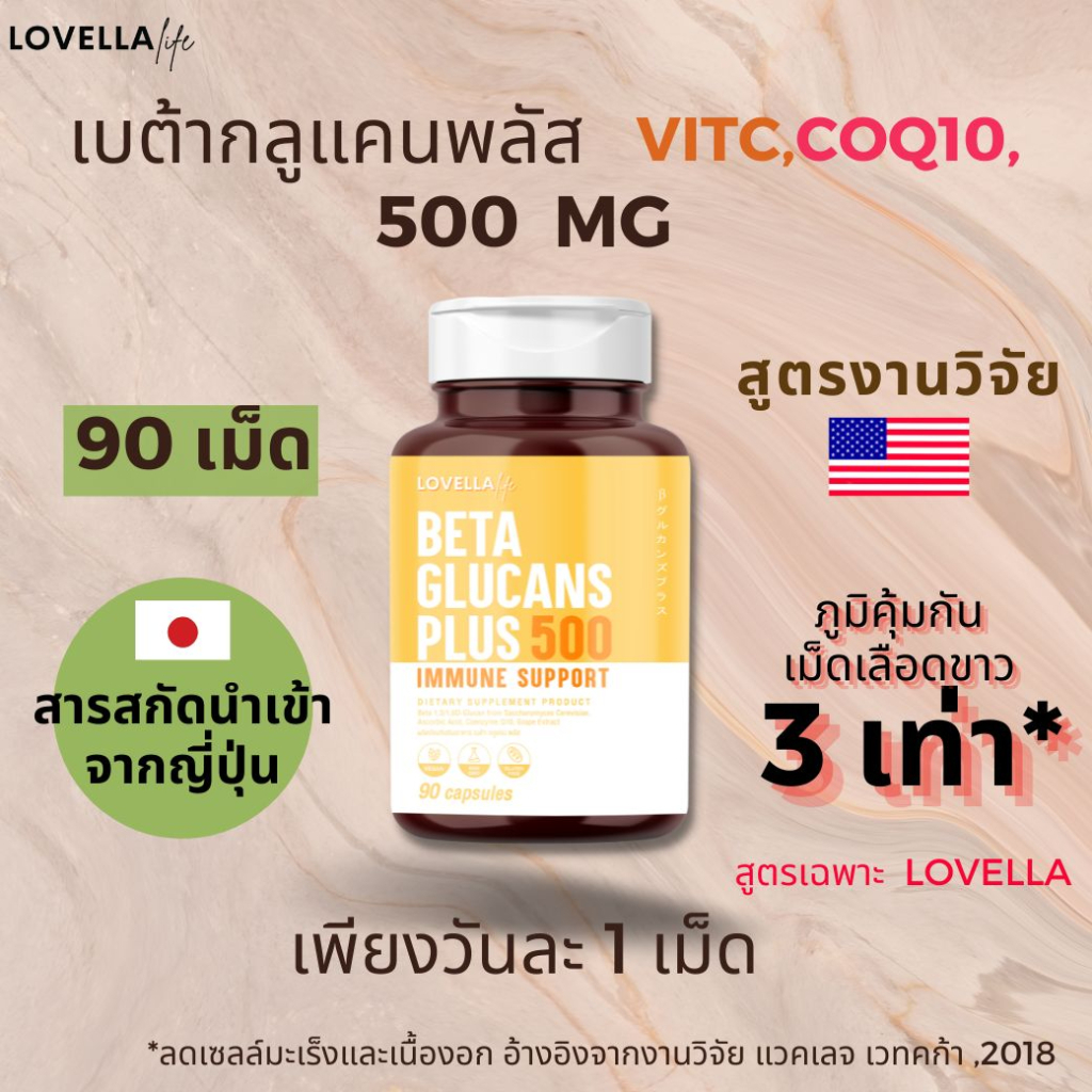 90 เม็ด ภูมิดี 3 เท่า เบต้ากลูแคน lovella 1/3,1/6D 500 mg เนื้องอก ผู้ป่วยมะเร็ง เบาหวาน ไวรัส ลองโควิด Beta glucan
