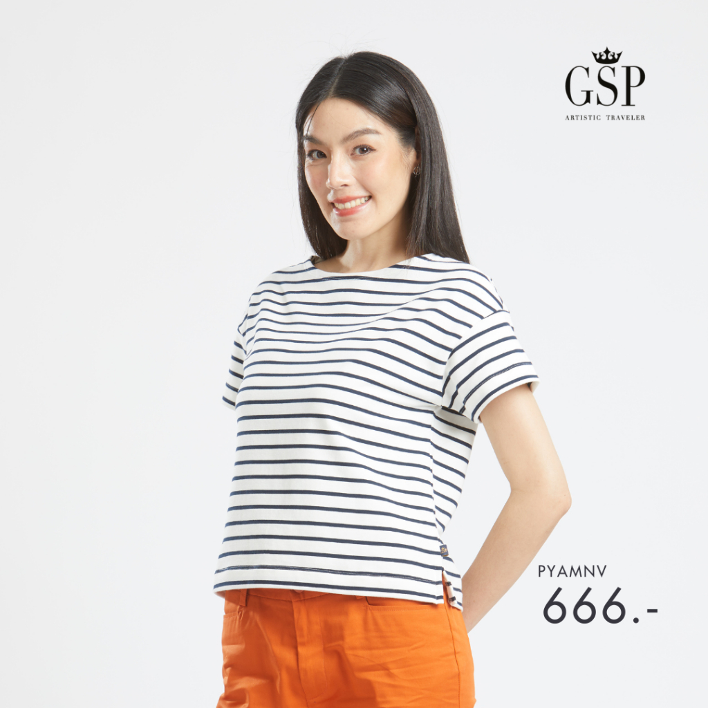 Gsp เสื้อยืด เสื้อยืดผู้หญิง Lucky Stripe Shirt (Long) เสื้อ Lucky Stripe แขนสั้นสีขาวกรม (PYAMNV)