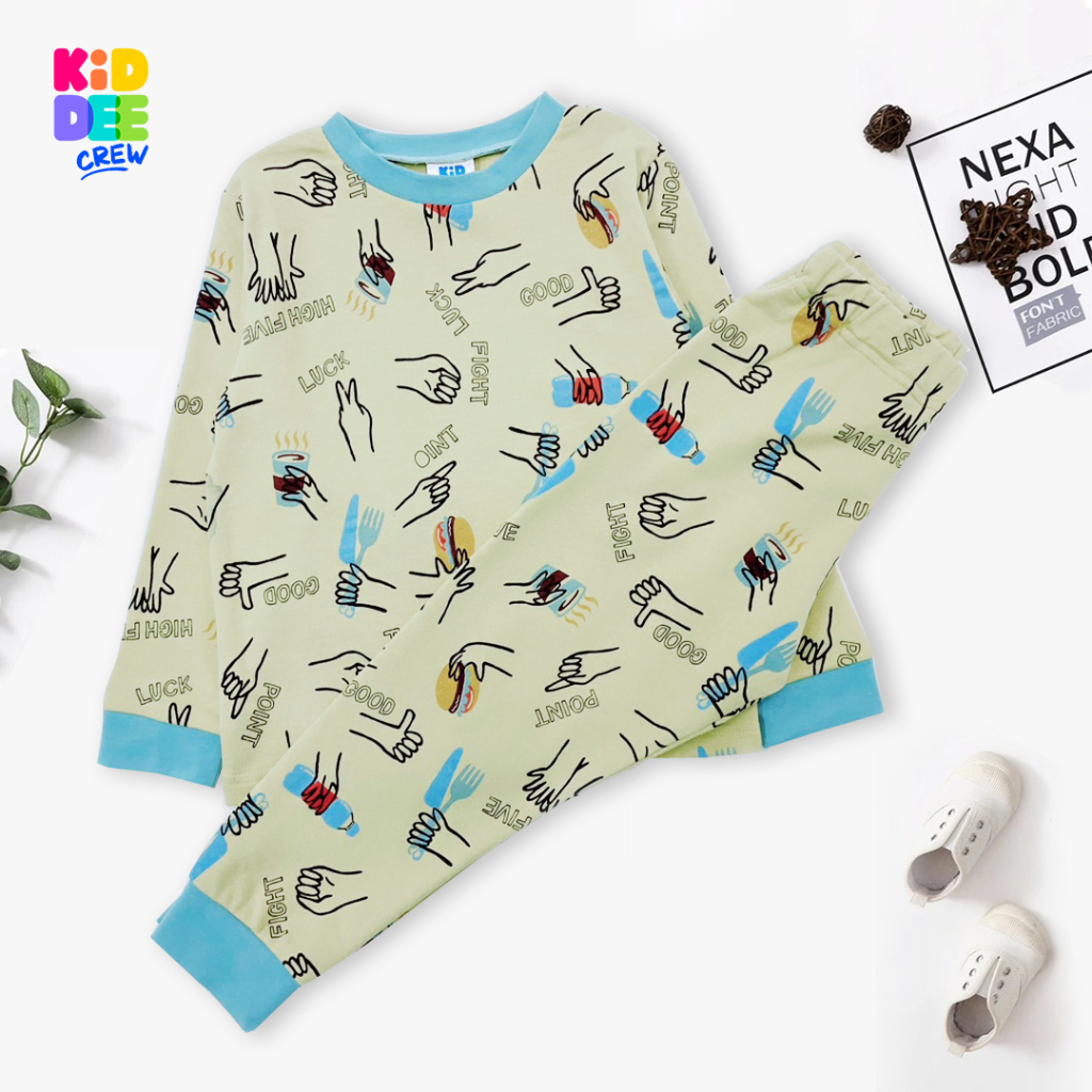 KiddeeCrew ชุดนอนเด็กสีเหลืองลายมือสัญลักษณ์ เหมาะสำหรับอายุ 1-12 ปี