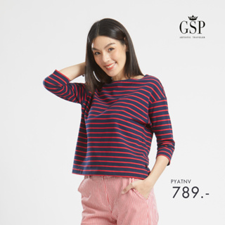 GSP เสื้อยืด เสื้อยืดผู้หญิง Blouse เสื้อยืดแขนยาวลายริ้วสีกรมแดง Lucky Stripes (PYATNV)