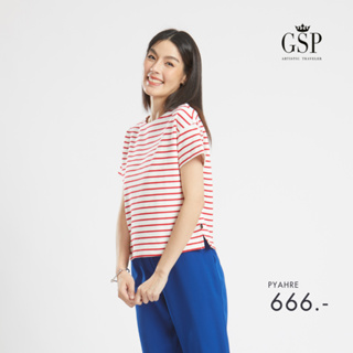 GSP เสื้อยืด เสื้อยืดผู้หญิง Blouse เสื้อยืดแขนสั้นลายริ้วสีแดง Lucky Stripes (PYAHRE)