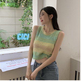 Cici(NO.T2105)เสื้อกล้ามแขนกุดไหมพรมลายทางผ้านิ่มใส่สลายไม่คันจับแมทซ์ง่าย