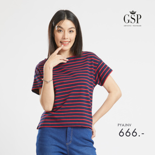 GSP เสื้อยืด เสื้อยืดผู้หญิง Blouse เสื้อยืดแขนสั้นลายริ้วสีกรมแดง Lucky Stripes (PYAJNV)