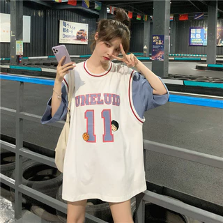 aililai1688🎆 ซัมเมอร์นี้ แขนสั้นเสื้อยืดทรงบาส 💢ช/ญ แฟชั่นน่ารักๆสวยๆ ทรงหลวมแฟชั่น เสื้อบาสเกตบอล