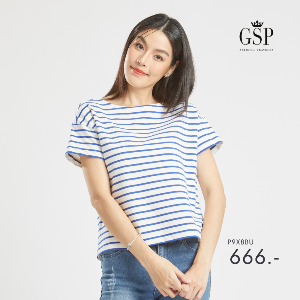 GSP เสื้อยืด เสื้อยืดผู้หญิง Blouse เสื้อยืดแขนสั้นลายริ้วสีขาวกรม Lucky Stripes (P9X8BU)