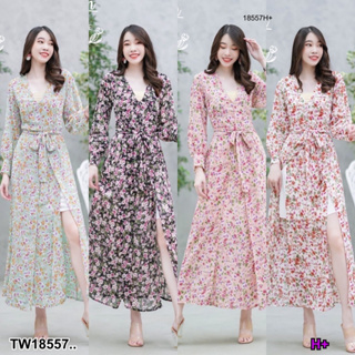 TW18557  Dress เดรสคอวียาว