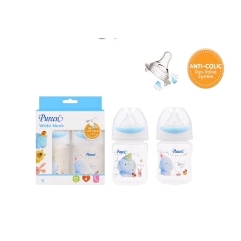 Pureenเพียวรีนขวดนมคอกว้างลายช้างฟ้า4oz&8oz (แพ็ค 2 ขวด)พร้อมจุกวาล์วคู่ ป้องกันโคลิค