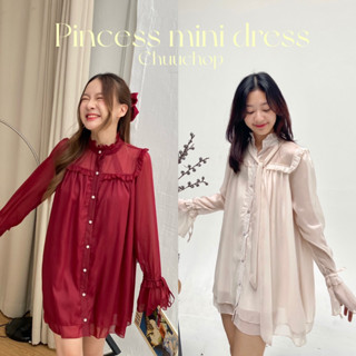 Chuuchop_พร้อมส่ง(C7676) 🎟🎂  PRINCESS mini dress เดรสสั้นแขนยาวผ้าซีฟอง มี2สี