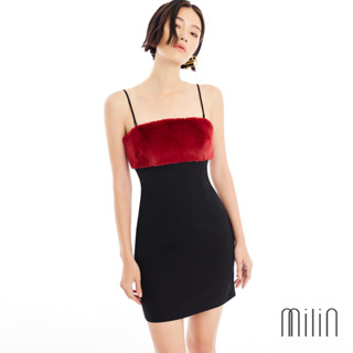 [MILIN] Jubilant Dress Spaghetti straps polyester with fur mini dress เดรสสั้นเข้ารูปปักขนเฟอร์