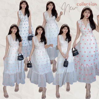 maxi dress เดรสยาวแขนกุด ผ้าแต่งขนปอมๆ มีซับใน