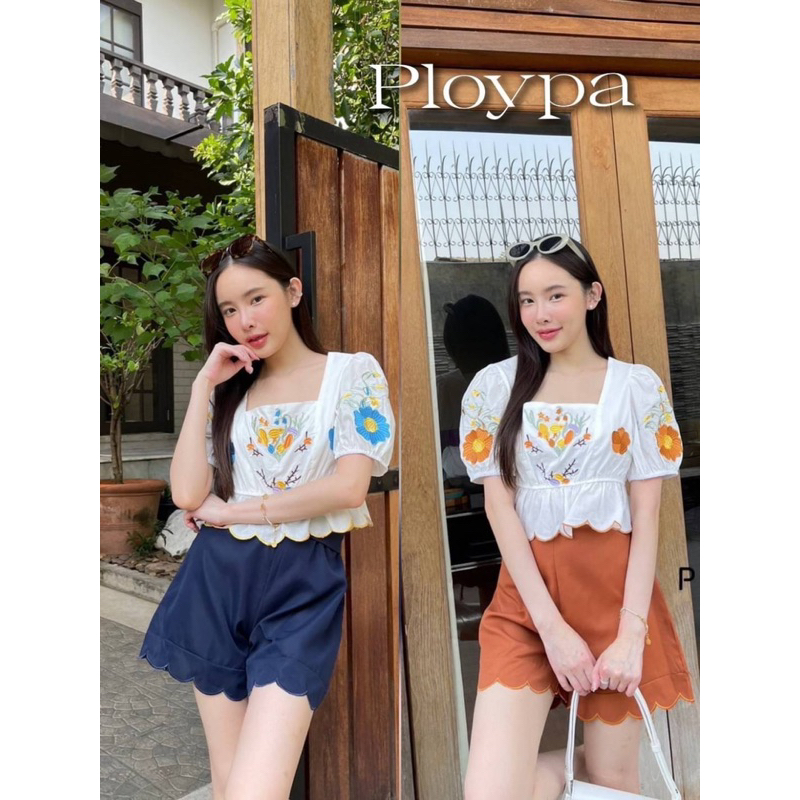 set เสื้อปักดอก+ขาสั้น 🤎💙Anemone Set🤎💙ป้าย ploypa