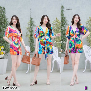 TT18551 set 2 ชิ้น เสื้อมัดย้อมลายนกยูงผูกโบว์ด้านหน้า + กางเกงขาสั้น .Set of 2 pieces. Peacock pattern tie-dye shirt wi