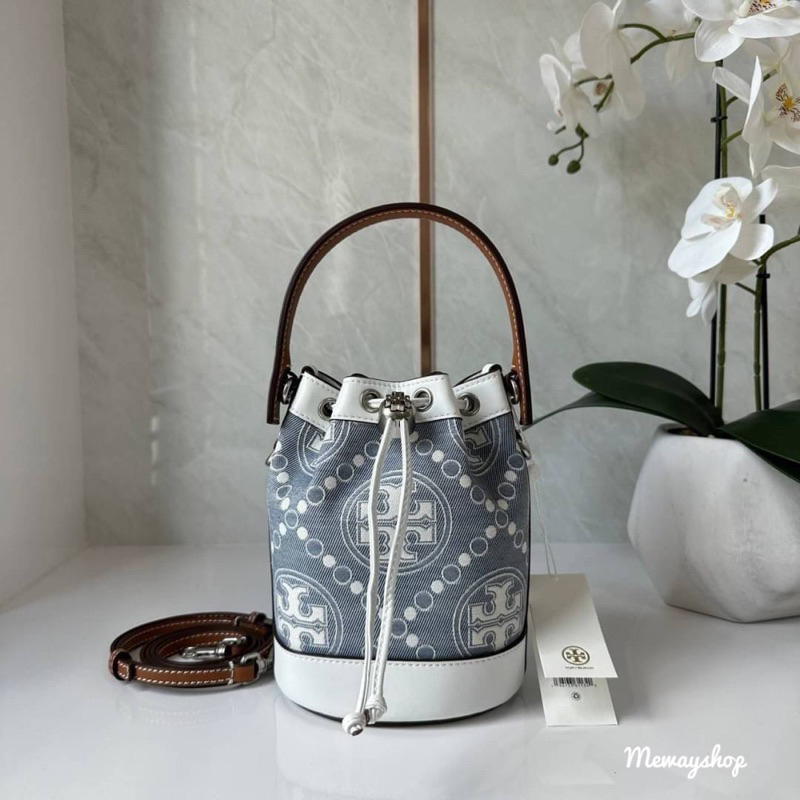 TORY BURCH MINI T MONOGRAM DENIM BUCKET BAG(outlet)