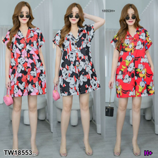 TT18553 Jumpsuit #สาวอวบ ไหล่ล้ำคอปก กระดุมหน้า ขาสั้น พิมพ์ลาย Jumpsuit #chubby girl, off shoulder, collar, front butto