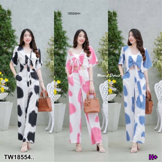 TT18554 set 2 ชิ้น เสื้อผูกโบว์หน้าลายก้อนเมฆ + กางเกงขายาวลายก้อนเมฆ .Set of 2 pieces. Cloud pattern front bow shirt +