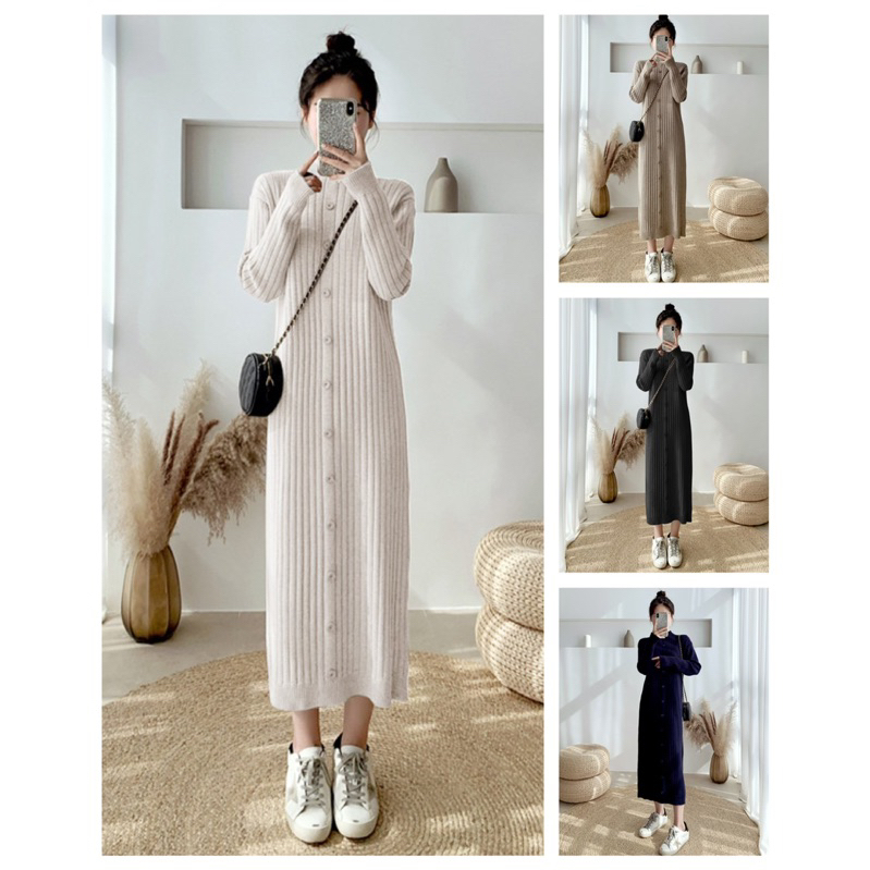 เดรสยาวไหมพรมกันหนาว คอปีน (มีกระดุมหลอกผ่าด้านหน้า)