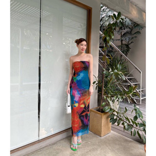 newlooksbkk Abstract print tube dress เดรสเกาะอกมัดย้อมเกาะอก ผ้าปริ้นลาย ผ้าเนทตราข่ายลาย abstract สาดสี