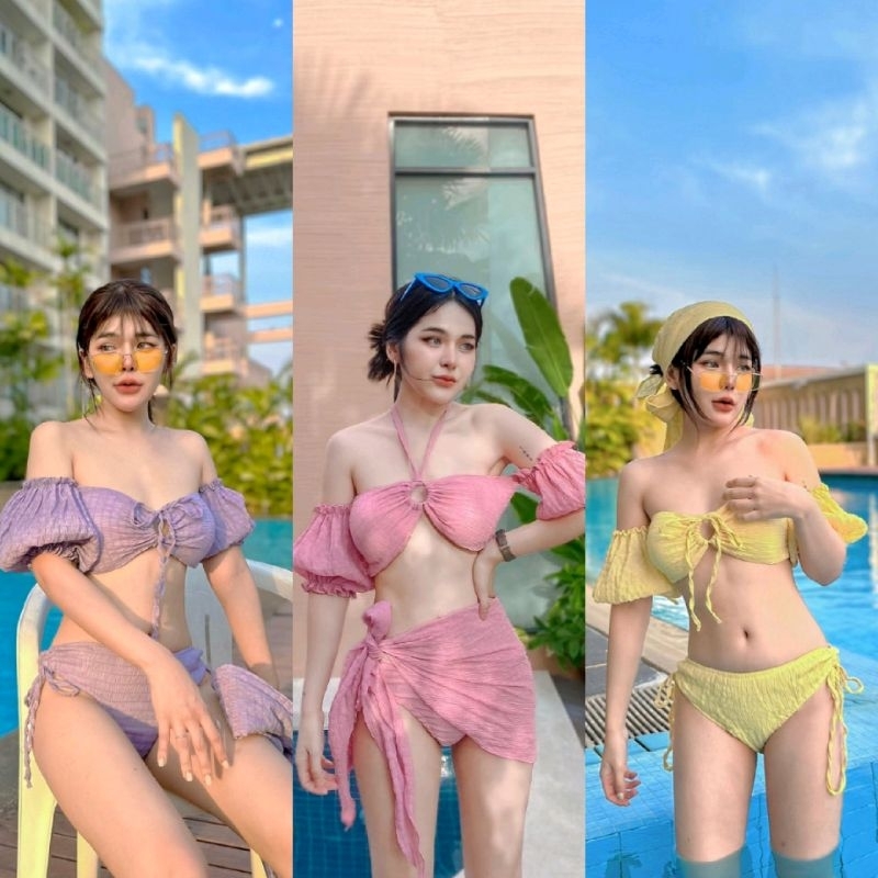 Bikini set’ (emoji)(emoji)(emoji) ได้ 3 ชิ้นน๊าา มีผ้าคลุมให้ จะผูกเอวหรือจะเป็นผ้าโพกหัวถ่ายรูปก็ได