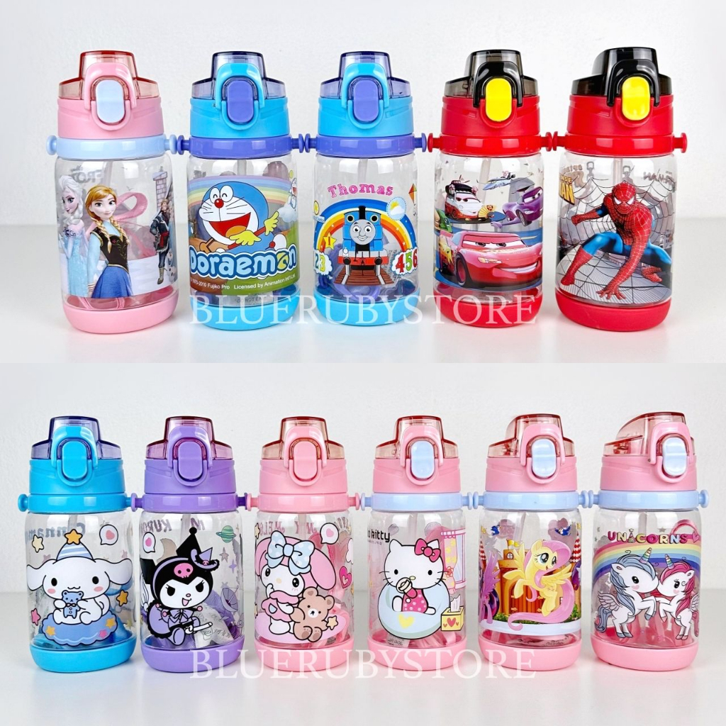กระติกน้ำหลอดเด้ง 400ml. ขวดน้ำลายการ์ตูน มีสายสะพาย BPA Free  | Bluerubystore
