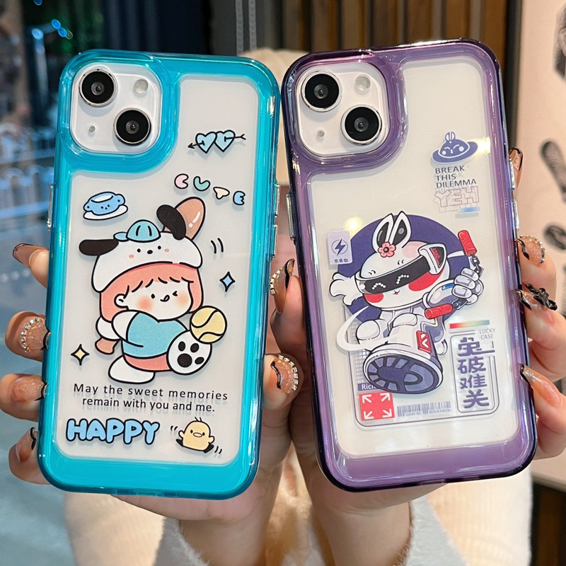 เคสขอบนิ่มหลังแข็ง หลังใส14 14pro 14promax 13 13pro 13promax ไอโฟนสวยๆ การ์ตูน ขอบสีหลังใส กันกระแทกสวยๆ