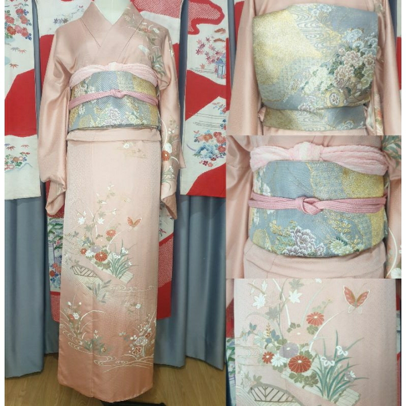 พร้อมส่ง set kimono กิโมโน สีชมพู มือสองของแท้จากญี่ปุ่น