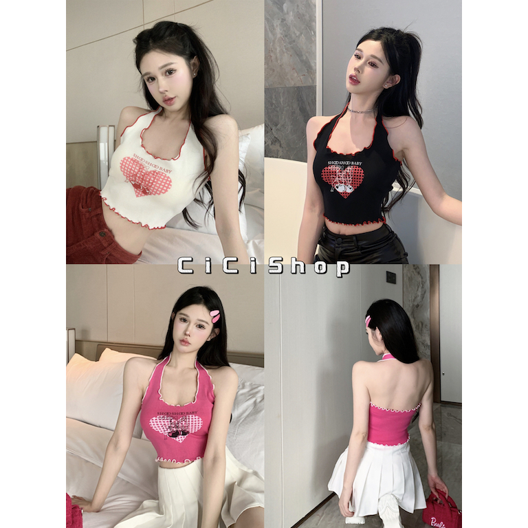 Cicishop(B3865)เสื้อคล้องคอไหมพรมลายหัวใจแต่งขอบระบายมีกิมมิคน่ารักเว้าหลังแซ่บๆ วาเลนไทน์