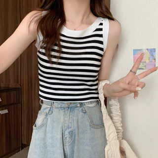 Cicishop(25053)เสื้อกล้ามไหมพรมลายทาง/สีพื้นคอกลม ทรงเบสิคน่ารักแมทซ์ง่าย