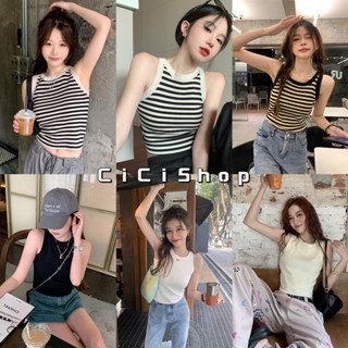 Cicishop(25053)เสื้อกล้ามไหมพรมลายทาง/สีพื้นคอกลม ทรงเบสิคน่…