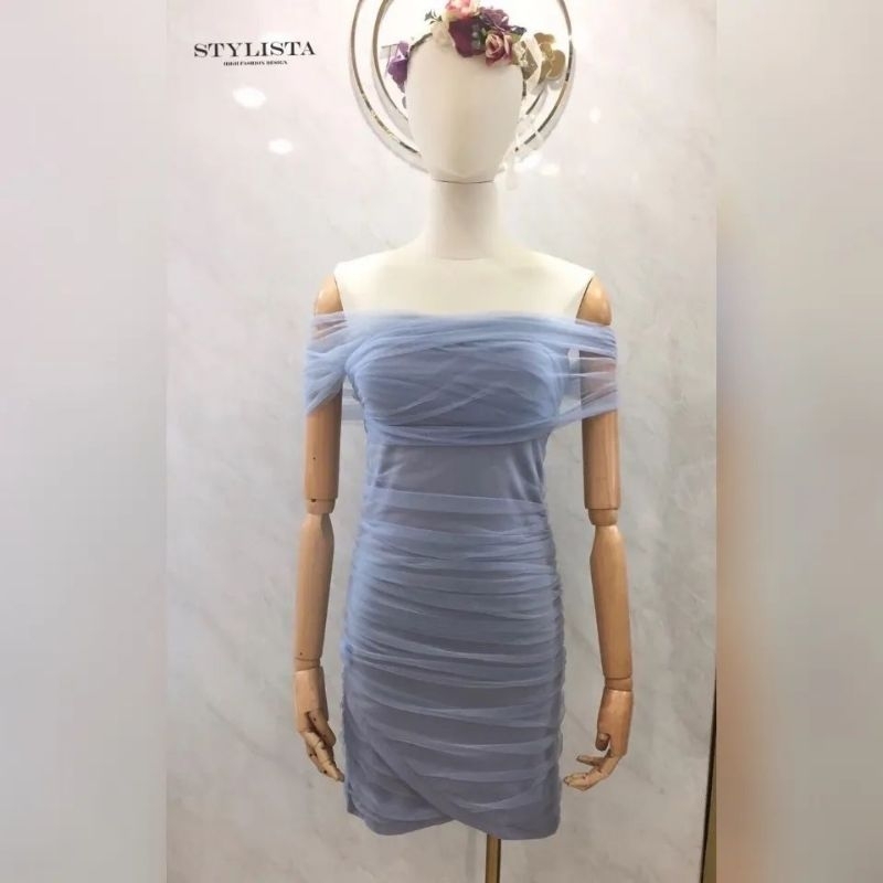 Stylista แท้💯ตรงปก✨พร้อมส่ง-ร้านนี้มีเลย✅ไม่ต้องเช็ค*ส่งไว💐เดรสเปิดไหล่ไขว้หน้าแต่งจับย่น ชุดออกงานสี ชมพู ฟ้า - รูปที่ 2