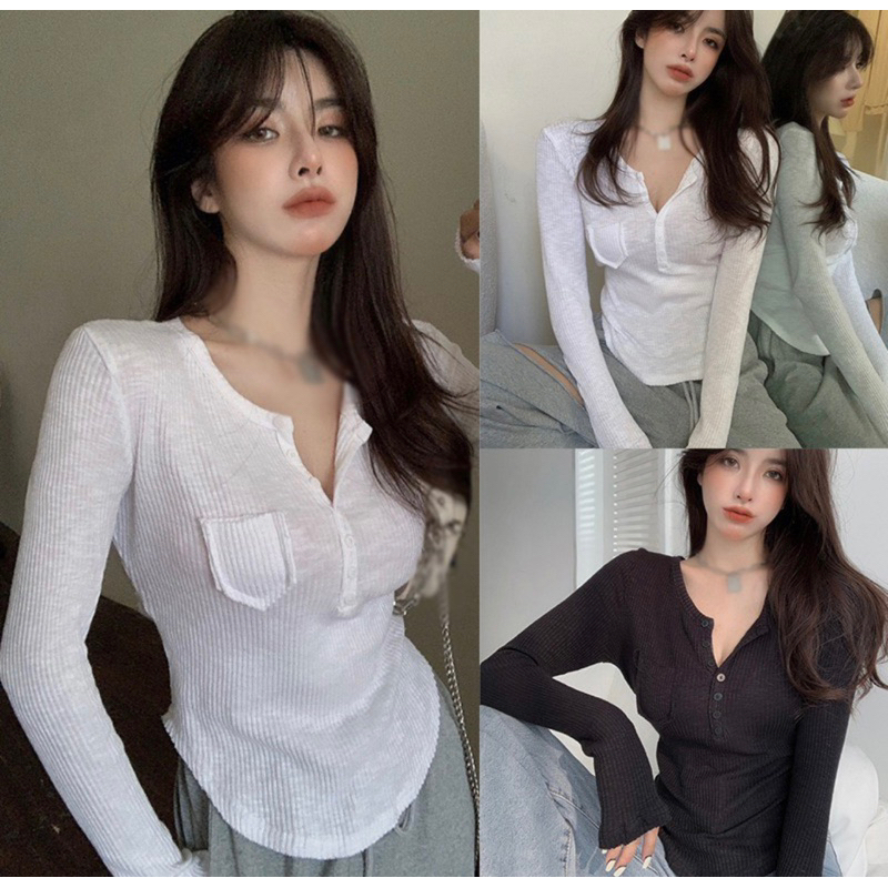 เสื้อยืดกระดุกหน้าผ้าร่องสลาฟ (แขนยาว*) #พร้อมส่ง
