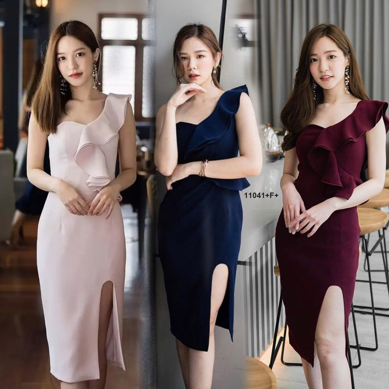 🌺🍃 เดรสไหล่เดี่ยวเกาะอกสายระบาย 1 สายชุดออกงาน ชุดงานแต่ง 11041