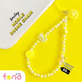 🟡ที่ห้อยโทรศัพท์ลูกปัดมุกสลับเหลืองจี้หน้ายิ้ม🙂yellow&amp;pearl smiley mobile phone chain