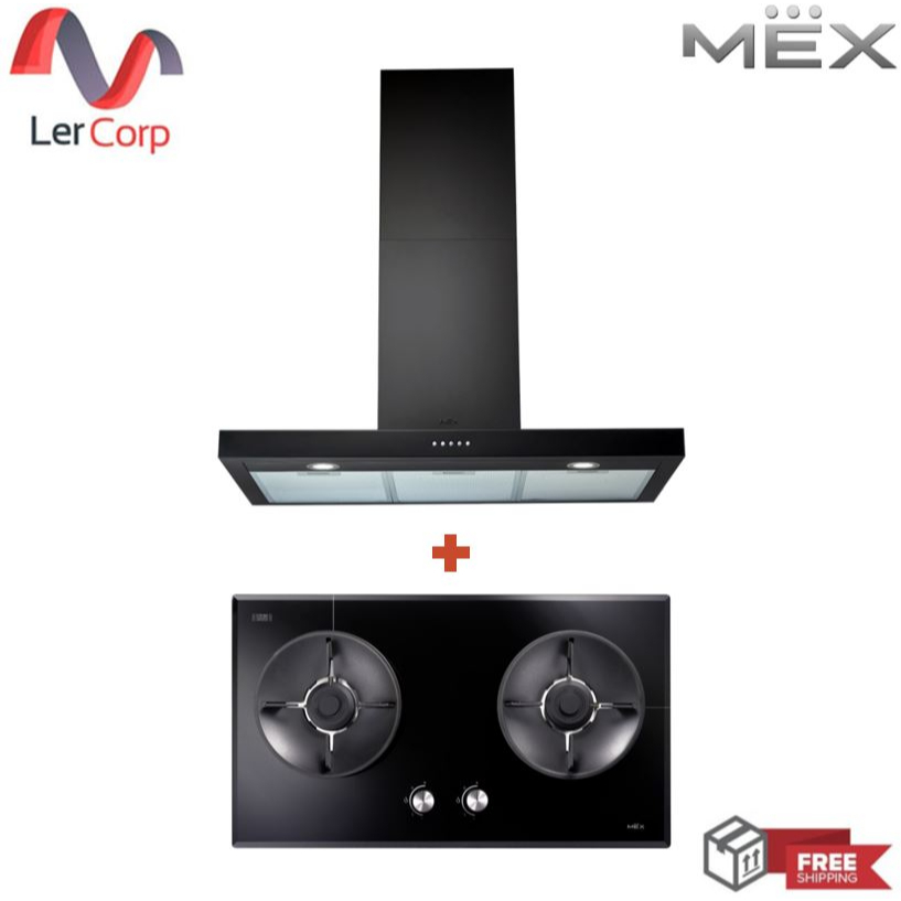 (MEX) เครื่องดูดควันกระโจมทรงกล่อง สีดำ รุ่น K633B90 + เตาแก๊ส รุ่น V7812MHR