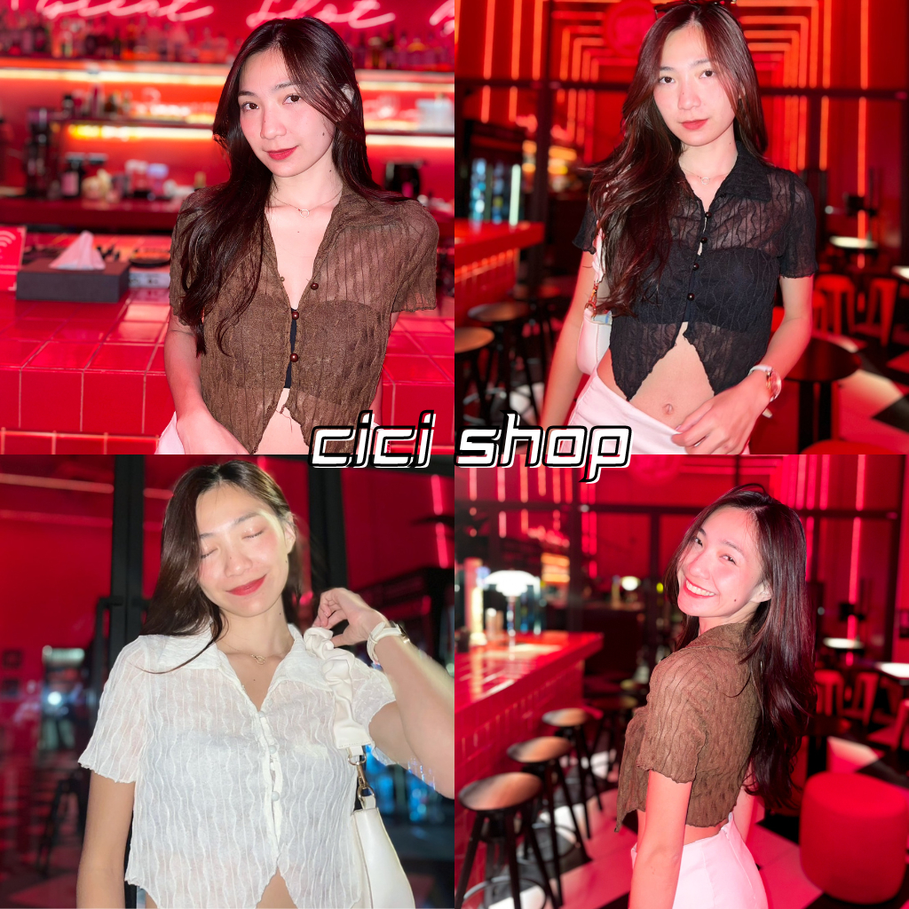 Cicishop(J333) เสื้อcropแขนสั้นY2k เบาๆมีปก มีกระดุม แซ่บแบบมีสไตล์ แมทซ์ง่าย