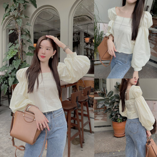 SLYQ SHOKUPAN TIE BACK COTTON BLOUSE เสื้อเบลาส์แขนพอง ผ้าคอตตอน แต่งดีเทลเย็บเดินเส้น