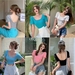 MC168 เสื้อครอปเว้าหลัง เสื้อแฟชั่นผู้หญิง เสื้อยืด สไตล์เกาหลี ชุดไปทะเล คาเฟ่ แมทง่าย ใส่ได้ทุกวัน