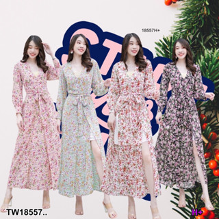 TW18557 Dress เดรสคอวียาว งานผ้าชีฟองพริ้วๆ