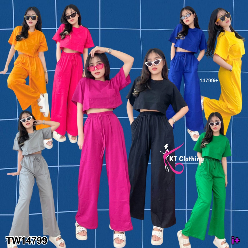 MF14799 Set 2 ชิ้น เสื้อคอกลมแขนสั้น ทรงครอป มีกระเป๋าหน้าอก มาพร้อมกางเกงขายาว เอวยางยืด มีสายรูดผูกเอว มีกระเป๋าล้วงข้