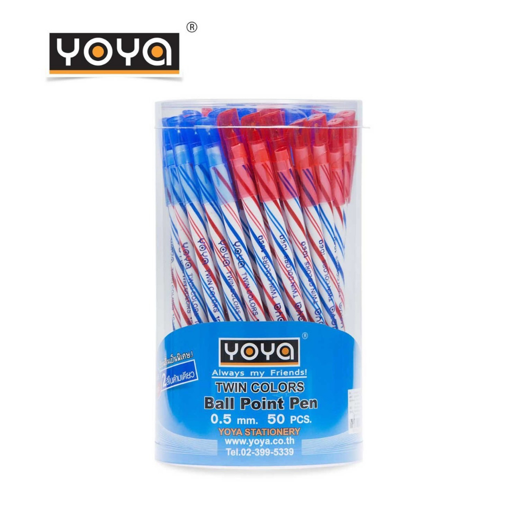 (USP)💢พร้อมส่ง💢 (กระปุก50ด้าม) YOYA ปากกาสองสี ปากกาลูกลื่น2หัว ในด้ามเดียว TWIN 1060 0.5mm ปากกา2สี น้ำเงินและแดง