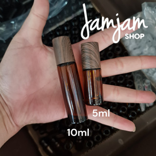 ขวดลูกกลิ้ง สีชา-ฝาลายไม้น้ำตาล 5ml/10ml