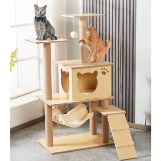 [พร้อมส่ง] คอนโดแมว บ้านแมวไม้ พร้อมเสาลับเล็บแมว สูง135cm ไม้แข็งแรง CAT-TOWER