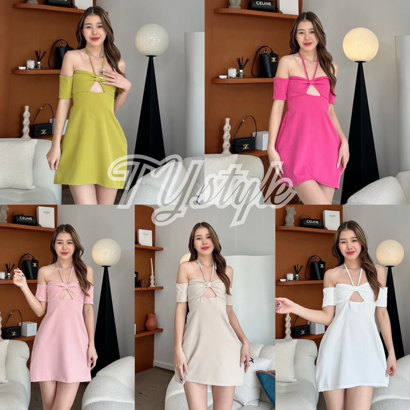 เดรสสั้น ดีเทลช่วงอกเป็นโบว์ สายผูกคอ ลุคคุณหนู หลังสมอค #EVD37