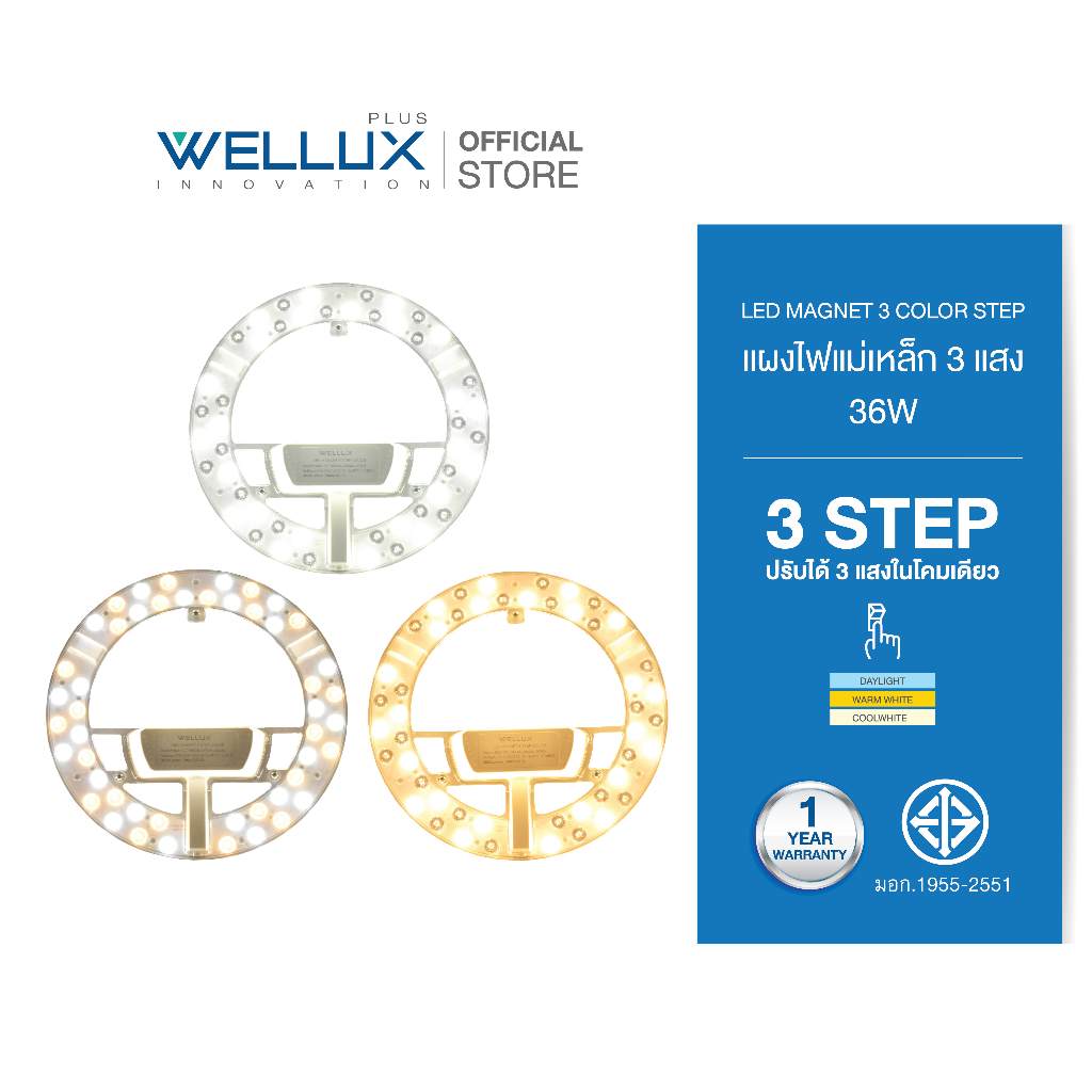 WELLUX แผงไฟแม่เหล็ก 3 แสง 36W แสงขาว แสงวอร์ม แสงคลู ทดแทนหลอดนีออนกลม LED CIRCLE MODULE 3 STEP