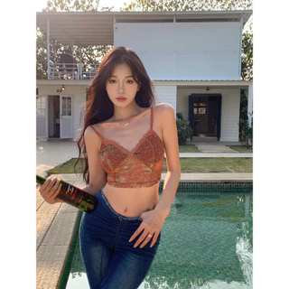 ส่งทันที Cici(NO. J338)สายเดี่ยวคอวีลายดอกไม้สายปรับได้มีความซีทรูเบาๆเพิ่มความแซ่บแต่งขอบลูกไม้