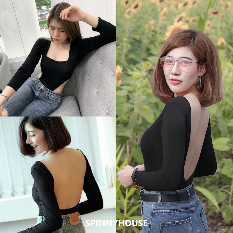 🌈SpinnyHouse🌈 บอดี้สูท เว้าหลังแขนยาว ‼️เป้าแกะได้ กระดุมแป็ก‼️ เสื้อสายฝอ BodySuit ในตำนาน.♥️ บอดี้