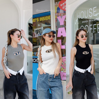 DIESEL SLEEVELESS TOP !!(330฿ฟรีส่ง) เสื้อกล้ามไหมพรมแขนกุด สไตล์Y2K ดีเทลแต่งอะไหล่เงินตัวD glam